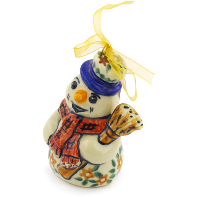 Polish Pottery Snowman Ornament 4&quot; Flooding Blues UNIKAT