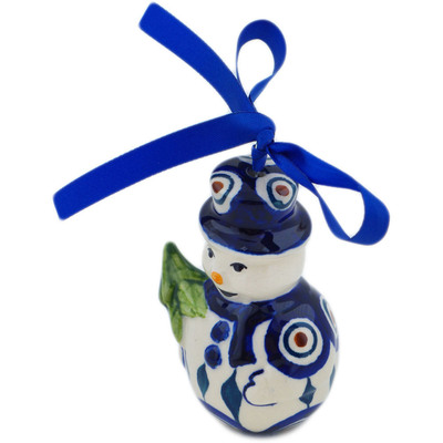 Polish Pottery Snowman Ornament 4&quot; Peacock Leaves
