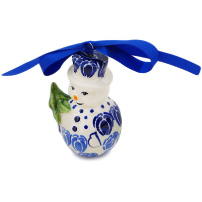 Polish Pottery Snowman Ornament 4&quot; Retro Blue Tulips