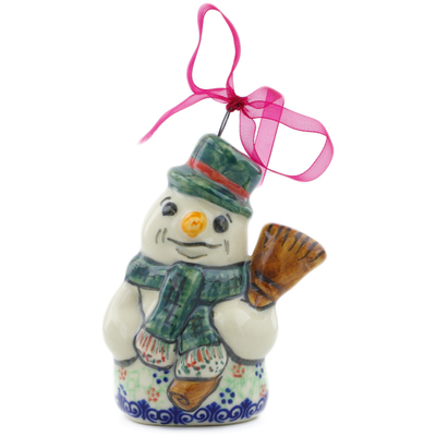 Polish Pottery Snowman Ornament 4&quot; Snow Coral Zinnias UNIKAT