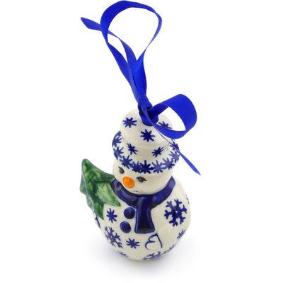Polish Pottery Snowman Ornament 4&quot; Winter Butterfly