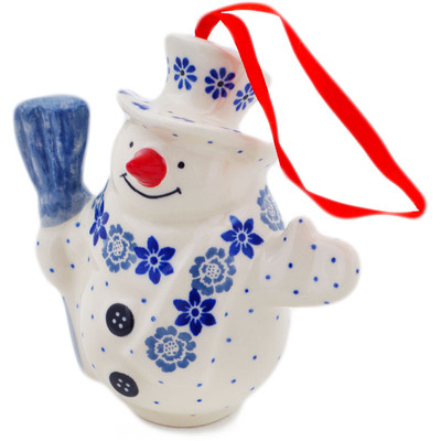 Polish Pottery Snowman Ornament 5&quot; Blue Country Field