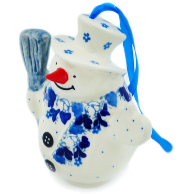 Polish Pottery Snowman Ornament 5&quot; Blue Spring