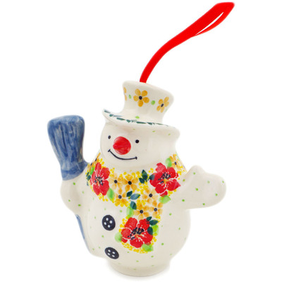 Polish Pottery Snowman Ornament With Bell 4&quot; Aloha