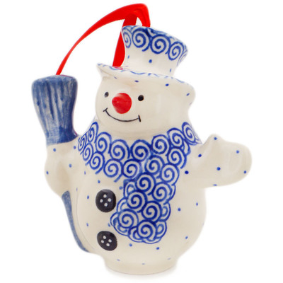 Polish Pottery Snowman Ornament With Bell 4&quot; Baltic Blue
