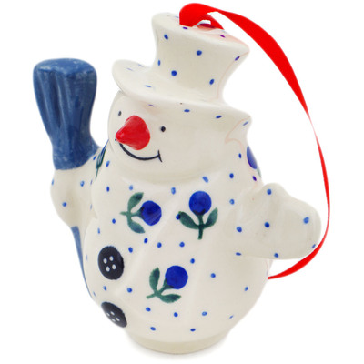 Polish Pottery Snowman Ornament With Bell 4&quot; Blue Buds