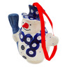Polish Pottery Snowman Ornament With Bell 4&quot; Blue Eyes
