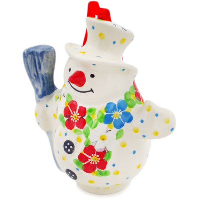 Polish Pottery Snowman Ornament With Bell 4&quot; Colorful Dizziness