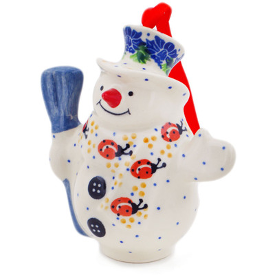Polish Pottery Snowman Ornament With Bell 4&quot; Ladybird Hapiness