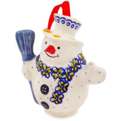 Polish Pottery Snowman Ornament With Bell 4&quot; Lemon Polka