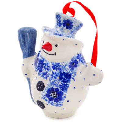 Polish Pottery Snowman Ornament With Bell 4&quot; Misty Dragonfly