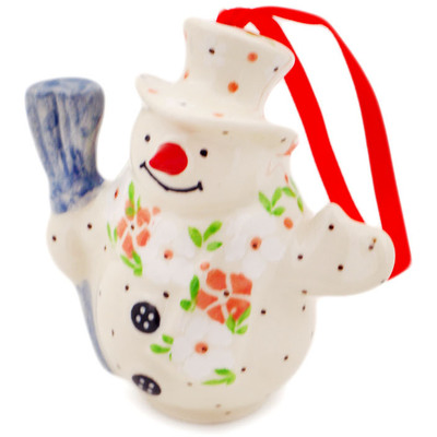 Polish Pottery Snowman Ornament With Bell 4&quot; Pink Blossom Flourish