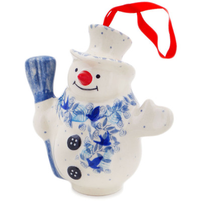 Polish Pottery Snowman Ornament With Bell 4&quot; Winter Songbirds