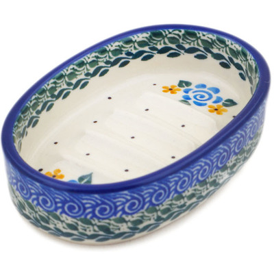 Polish Pottery Soap Dish 4&quot; Blue Impatiens Vines UNIKAT