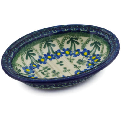 Polish Pottery Soap Dish 5&quot; Blue Daisy Circle