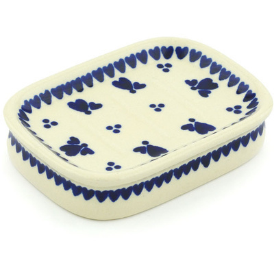 Polish Pottery Soap Dish 5&quot; Blue Heart Trio