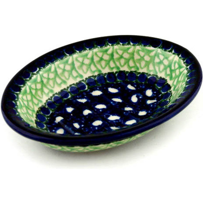Polish Pottery Soap Dish 5&quot; Blue Peas UNIKAT
