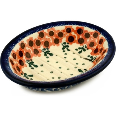 Polish Pottery Soap Dish 5&quot; Orange Poppy Wreath