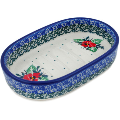 Polish Pottery Soap Dish 5&quot; Red Pansy