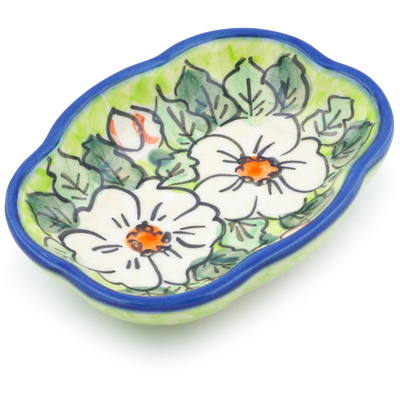 Polish Pottery Soap Dish 5&quot; White Flower Bouquet UNIKAT