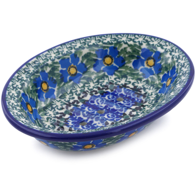 Polish Pottery Soap Dish 6&quot; Blue Daisy Dream UNIKAT