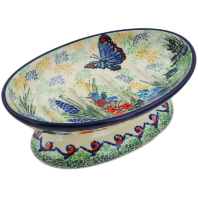 Polish Pottery Soap Dish 6&quot; Blue Monarch Meadow UNIKAT