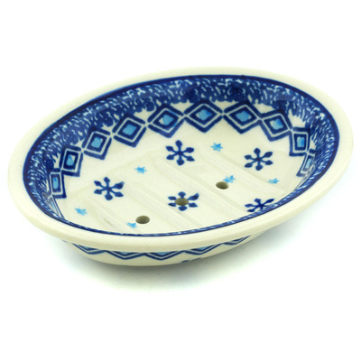 Polish Pottery Soap Dish 6&quot; Blue Snowflake