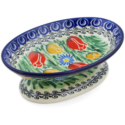 Polish Pottery Soap Dish 6&quot; Breathtaking Tulips UNIKAT