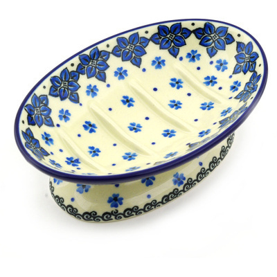 Polish Pottery Soap Dish 6&quot; Cobalt Daisies