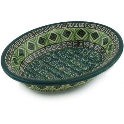 Polish Pottery Soap Dish 6&quot; Olive Aztek