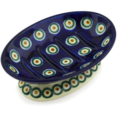 Polish Pottery Soap Dish 6&quot; Peacock Leaves