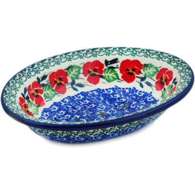Polish Pottery Soap Dish 6&quot; Red Pansy