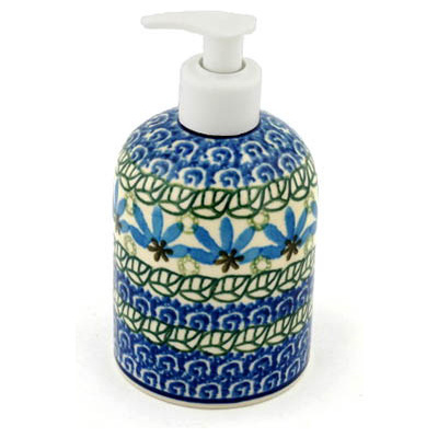 Polish Pottery Soap Dispenser 5&quot; Blue Fan Flowers