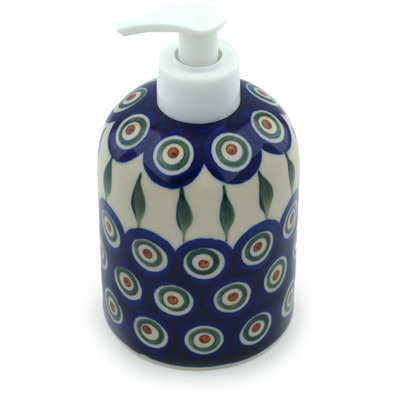 Polish Pottery Soap Dispenser 5&quot; Peacock Leaves
