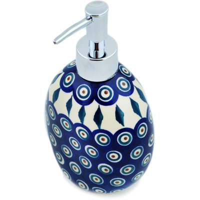 Polish Pottery Soap Dispenser 7&quot; Peacock Leaves