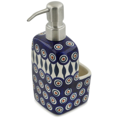 Polish Pottery Soap dispenser with holder Peacock