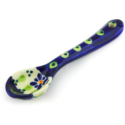 Polish Pottery Spoon 5&quot; Green Gingham Peacock