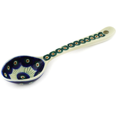 Polish Pottery Spoon 6&quot; Peacock Leaves