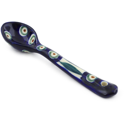 Polish Pottery Spoon 6&quot; Peacock Leaves