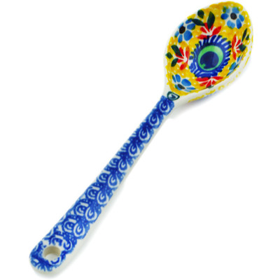 Polish Pottery Spoon 6&quot; Yellow Peacock Flowers UNIKAT