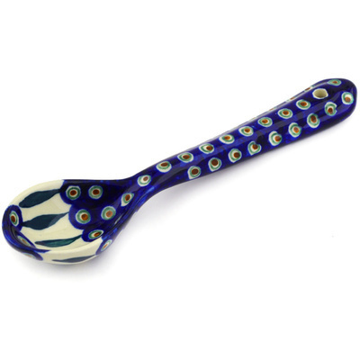 Polish Pottery Spoon 7&quot; Peacock Leaves