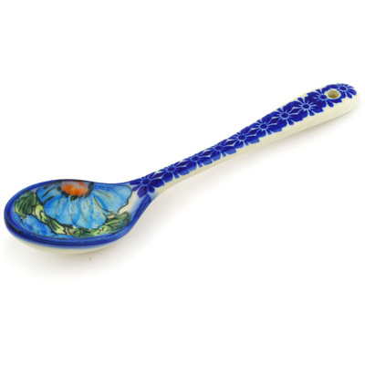 Polish Pottery Spoon 8&quot; Bold Blue Poppies UNIKAT