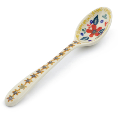 Polish Pottery Spoon 8&quot; Red Anemone Meadow UNIKAT