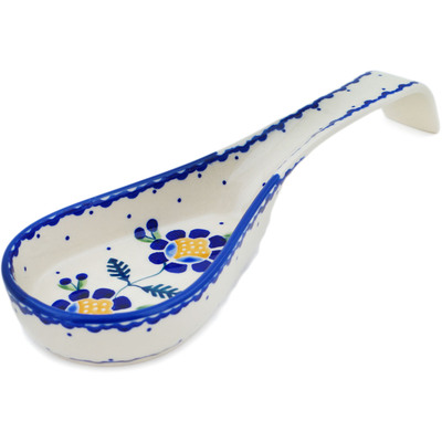Polish Pottery Spoon Rest 10&quot; Orange And Blue Flower