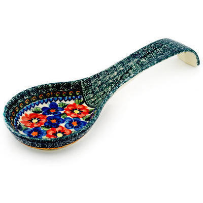 Polish Pottery Spoon Rest 12&quot; Blue And Red Poppies UNIKAT