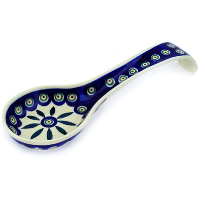 Polish Pottery Spoon Rest 12&quot; Peacock Leaves