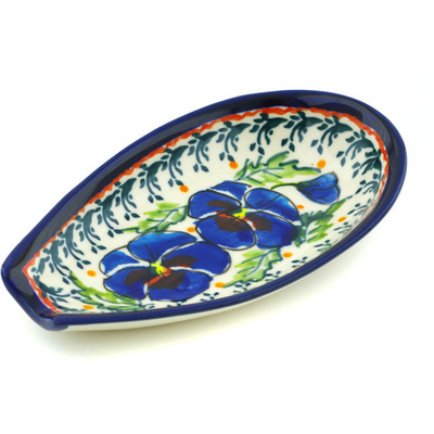 Polish Pottery Spoon Rest 5&quot; Blooming Blue Pansies UNIKAT