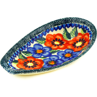 Polish Pottery Spoon Rest 5&quot; Blue And Red Poppies UNIKAT