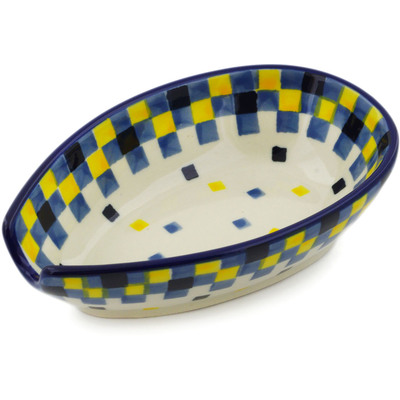 Polish Pottery Spoon Rest 5&quot; Blue And Yellow Blocks
