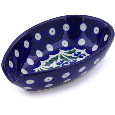 Polish Pottery Spoon Rest 5&quot; Blue Clover Peacock